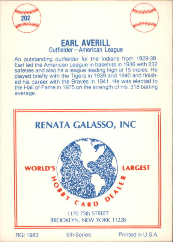 1977-84 Galasso Glossy Greats #202 Earl Averill back image