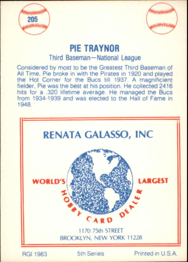 1977-84 Galasso Glossy Greats #205 Pie Traynor back image