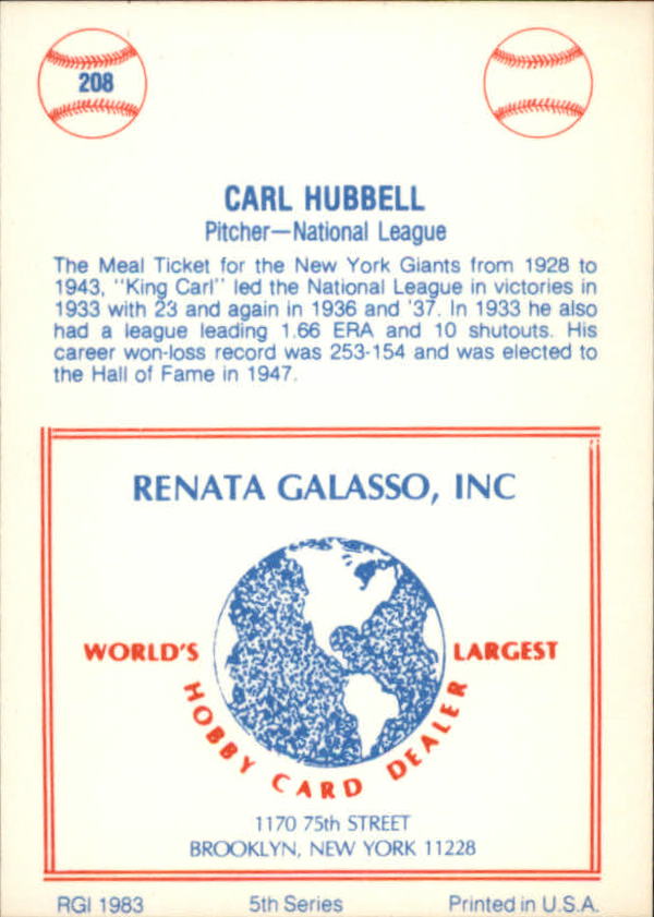 1977-84 Galasso Glossy Greats #208 Carl Hubbell back image