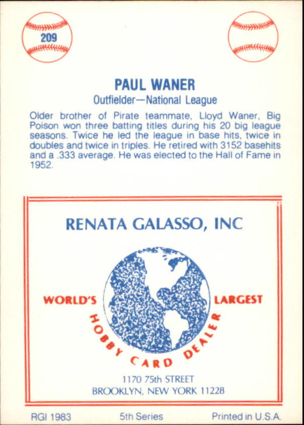 1977-84 Galasso Glossy Greats #209 Paul Waner back image