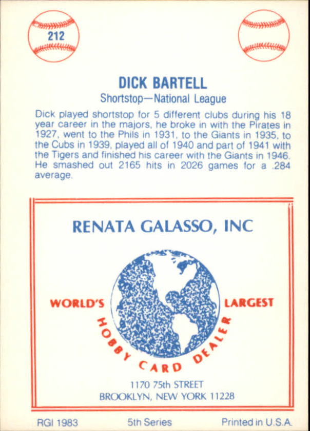 1977-84 Galasso Glossy Greats #212 Dick Bartell back image