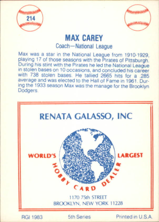 1977-84 Galasso Glossy Greats #214 Max Carey CO back image