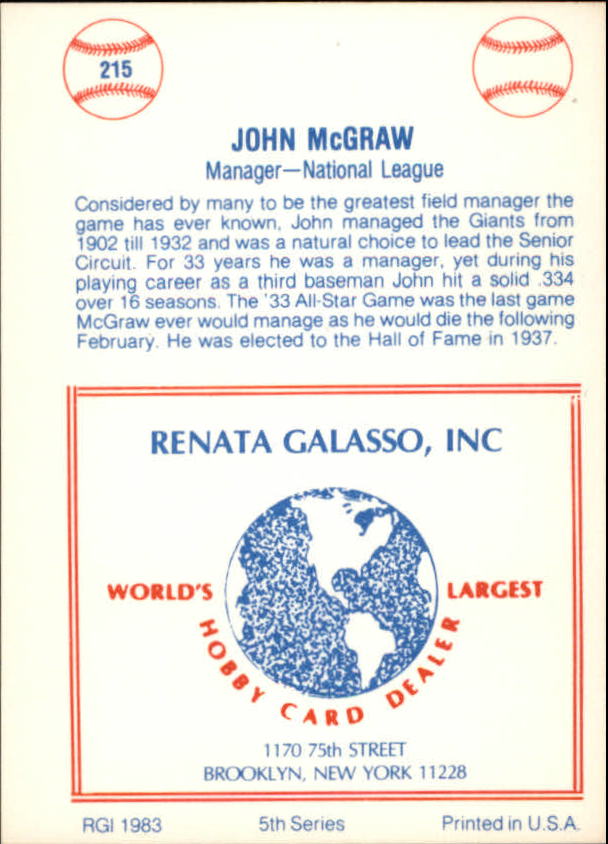 1977-84 Galasso Glossy Greats #215 John McGraw MG back image
