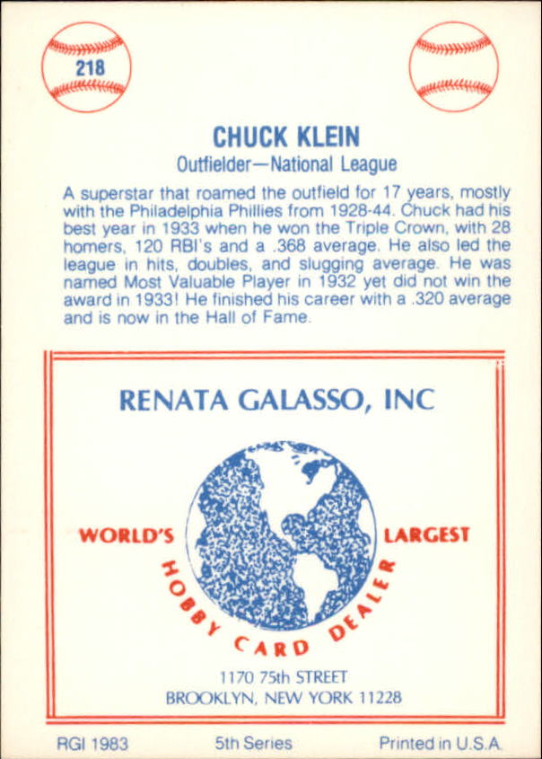1977-84 Galasso Glossy Greats #218 Chuck Klein back image