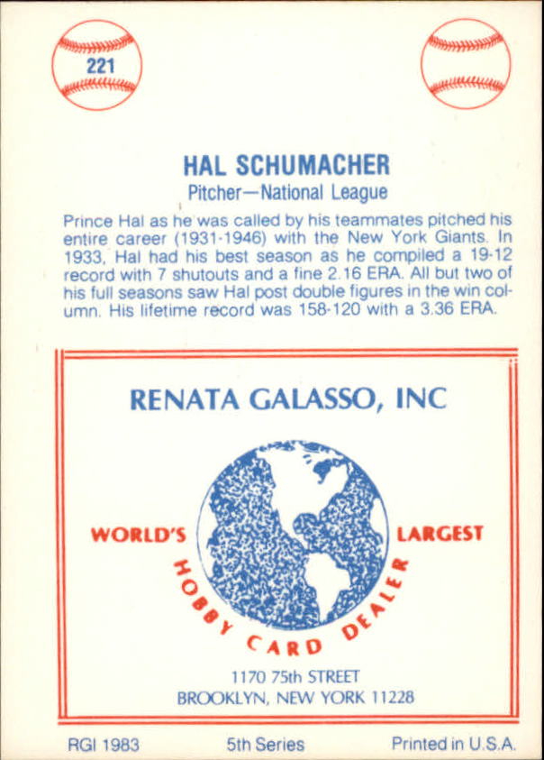 1977-84 Galasso Glossy Greats #221 Hal Schumacher back image