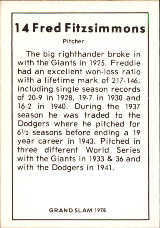 1978 Grand Slam #14 Fred Fitzsimmons back image