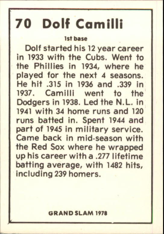 1978 Grand Slam #70 Dolf Camilli back image