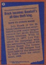 1978 Topps #1 Lou Brock RB back image