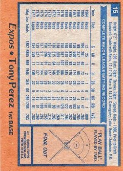 TONY PEREZ 1978 Topps 15 Baseball Card Montreal Expos 