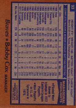 1978 Topps #93 Bobby Cox DP back image