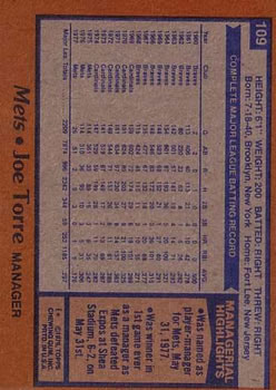 1978 Topps #109 Joe Torre MG back image
