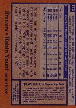 1978 Topps #173 Robin Yount UER/(Played for Newark/in 1973, not 1971) back image