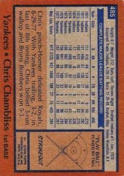 1978 Topps #485 Chris Chambliss back image