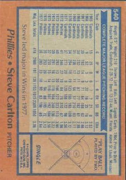 1978 Topps #540 Steve Carlton back image