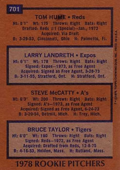 1978 Topps #701 Rookie Pitchers/Tom Hume RC/Larry Landreth RC/Steve McCatty RC/Bruce Taylor back image