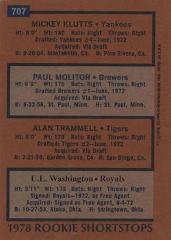 Mickey Klutts / Paul Molitor / Alan Trammell / U.L. Washington 1978 Topps  #707 Rookie Shortstops RC