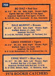 1978 Topps #708 Rookie Catchers/Bo Diaz RC/Dale Murphy/Lance Parrish RC/Ernie Whitt RC back image