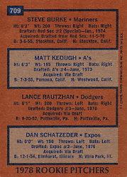 1978 Topps #709 Rookie Pitchers/Steve Burke RC/Matt Keough RC/Lance Rautzhan RC/Dan Schatzeder RC back image