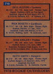 1978 Topps #710 Rookie Outfielders/Dell Alston RC/Rick Bosetti RC/Mike Easler RC/Keith Smith RC back image
