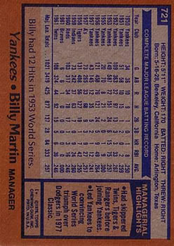 1978 Topps #721 Billy Martin MG back image
