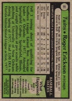 1979 Topps #81 Roger Erickson RC back image