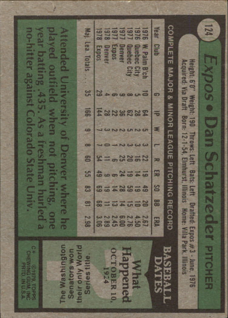 1979 Topps #124 Dan Schatzeder back image