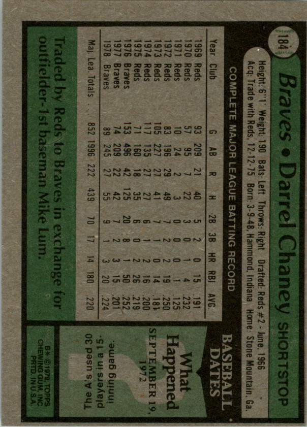 1979 Topps #184 Darrel Chaney back image