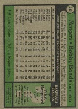 1979 Topps #285 Bobby Bonds back image