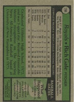 1979 Topps #298 Rich Gale RC back image