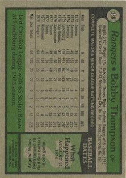 1979 Topps #336 Bobby Thompson RC back image