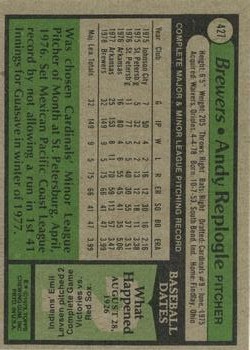 1979 Topps #427 Andy Replogle RC back image