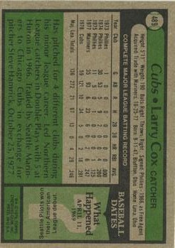 1979 Topps #489 Larry Cox UER/(Photo actually/Dave Rader) back image