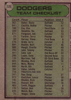 1979 Topps #526 Los Angeles Dodgers CL/Tom Lasorda MG back image
