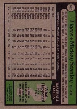 1979 Topps #692 Mickey Stanley back image