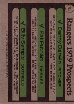 1979 Topps #713 Danny Darwin RC/Pat Putnam/Billy Sample RC back image