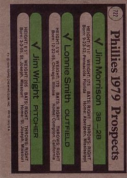1979 Topps #722 Jim Morrison RC/Lonnie Smith RC/Jim Wright RC back image