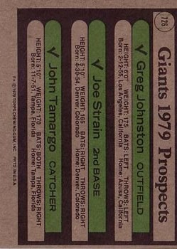 1979 Topps #726 Greg Johnston RC/Joe Strain RC/John Tamargo RC back image