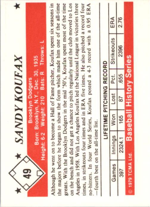 1979 TCMA 50'S #49 Sandy Koufax back image