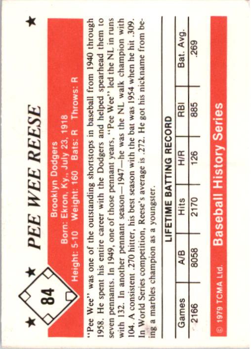 1979 TCMA 50'S #84 Pee Wee Reese back image