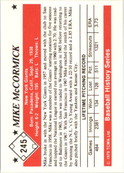 1979 TCMA 50'S #245 Mike McCormick back image