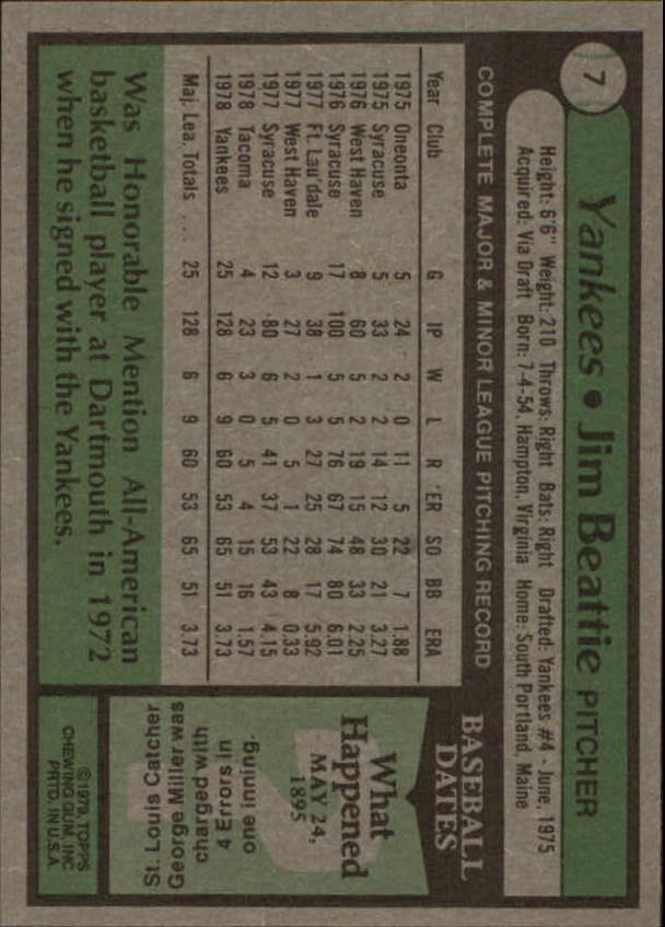 1979 Yankees Burger King #7 Jim Beattie back image