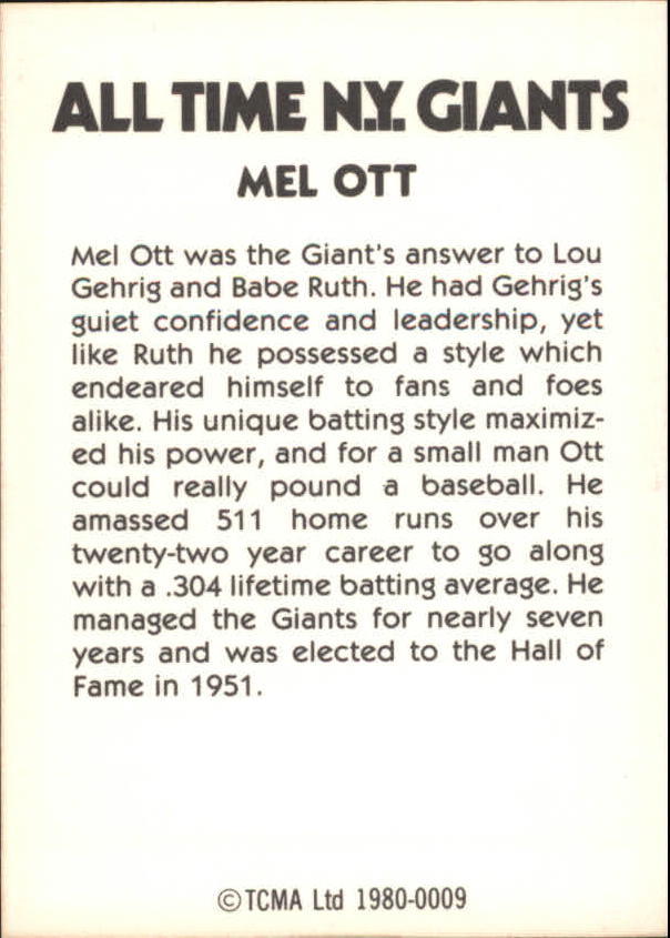 1980 Giants Greats TCMA #9 Mel Ott back image