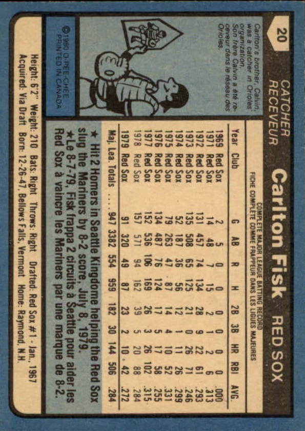 1980 O-Pee-Chee #20 Carlton Fisk back image