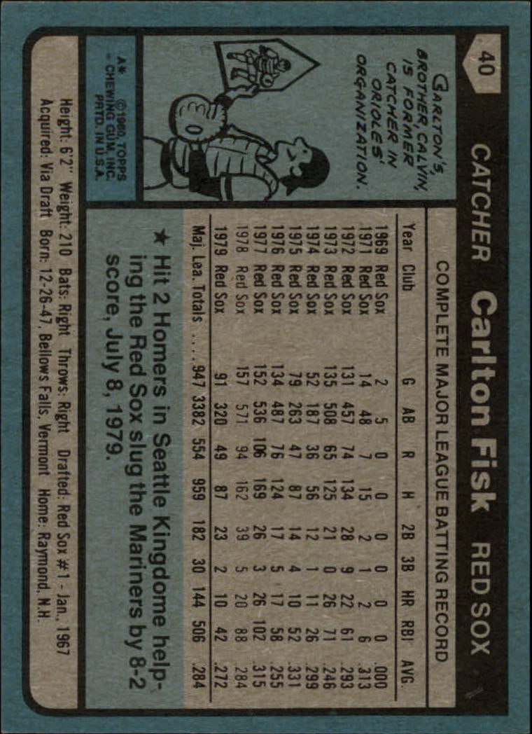 1980 Topps #40 Carlton Fisk back image