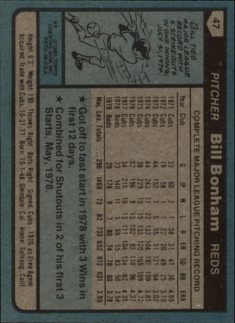 1980 Topps #47 Bill Bonham DP back image