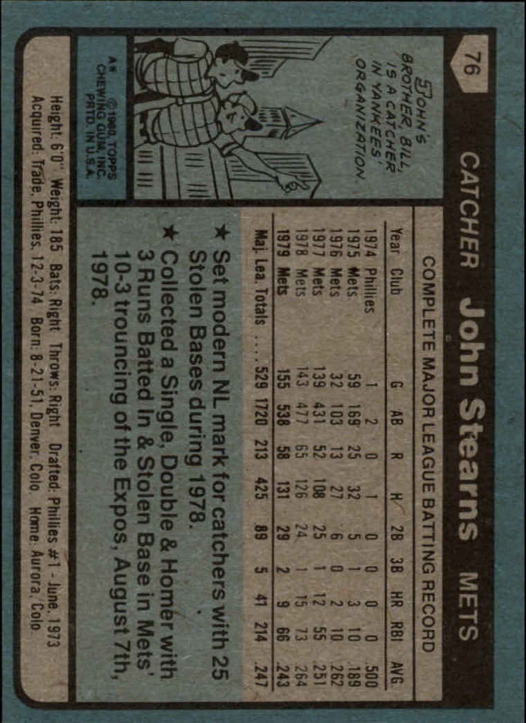 1980 Topps #76 John Stearns back image