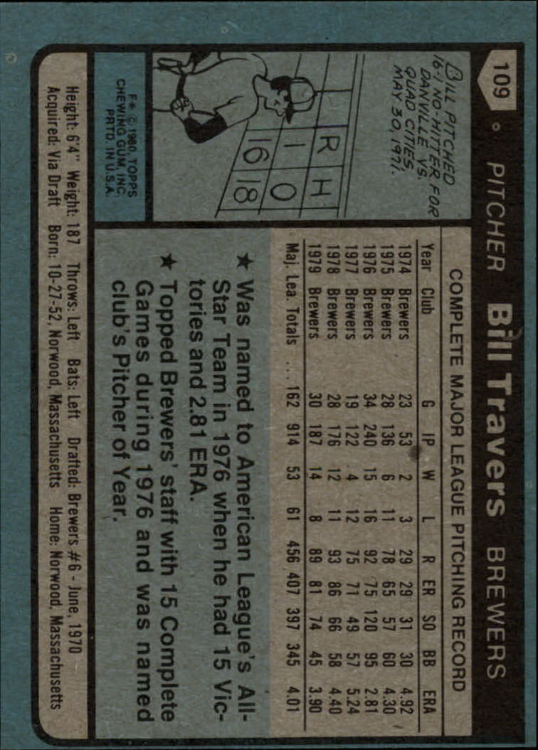 1980 Topps #109 Bill Travers back image