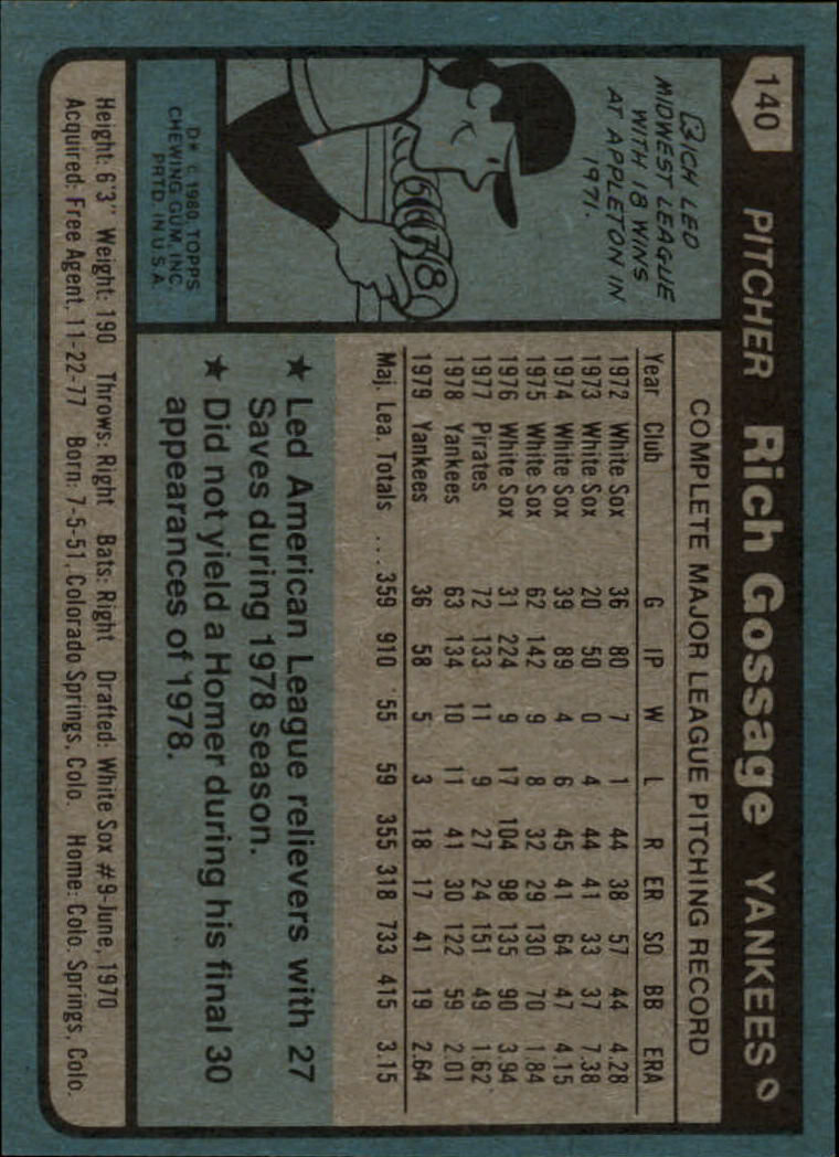1980 Topps #140 Rich Gossage back image