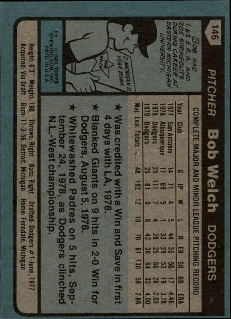 1980 Topps #146 Bob Welch back image