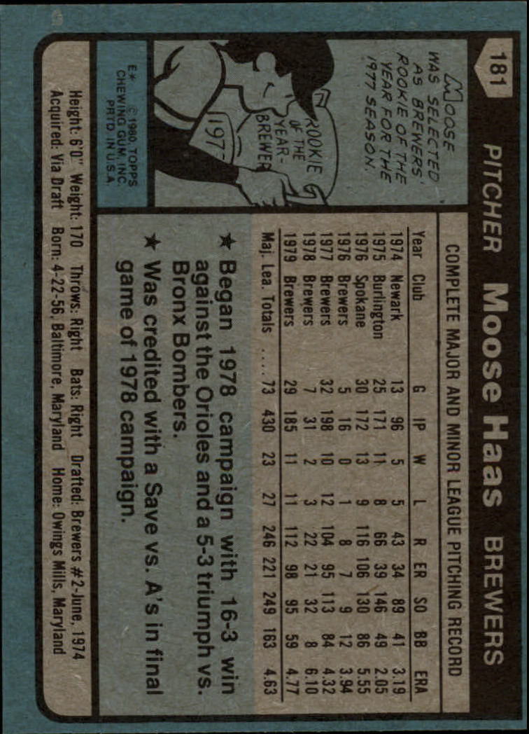 1980 Topps #181 Moose Haas back image
